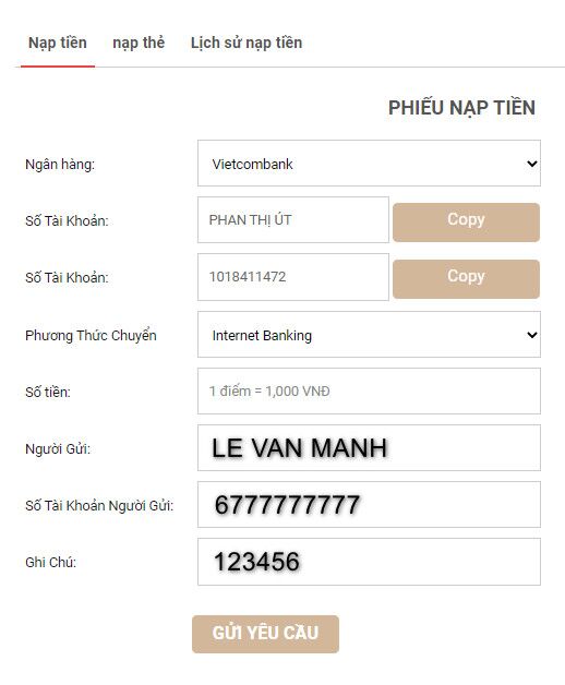 Làm lệnh cập nhật tiền lên tài khoản